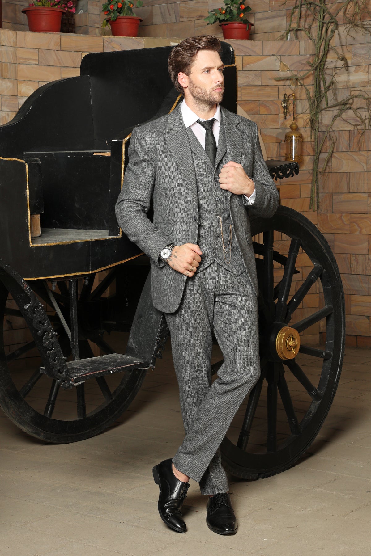 Stroud Grey Herringbone Tweed Wool 3PC Suit