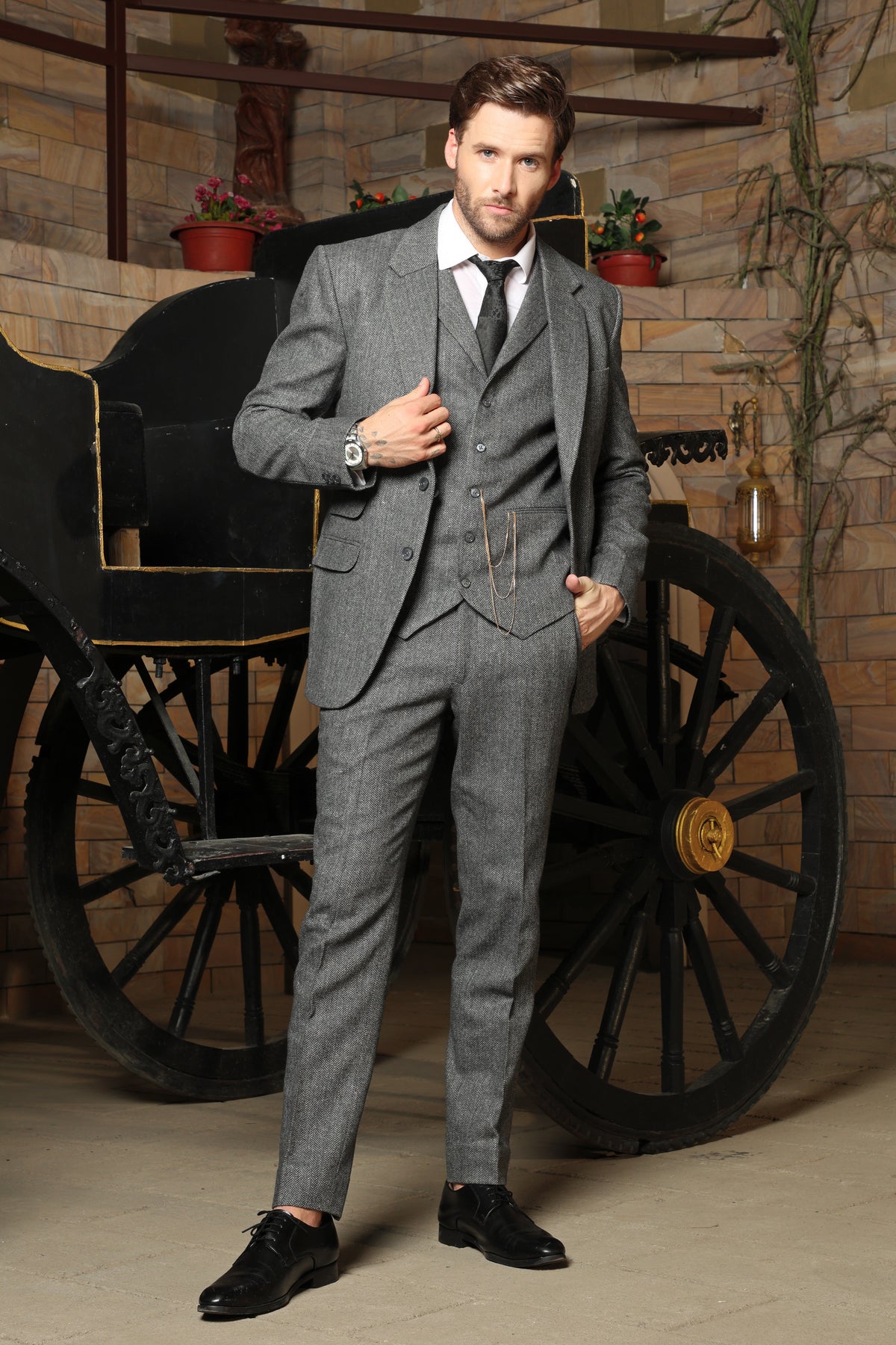 Stroud Grey Herringbone Tweed Wool 3PC Suit