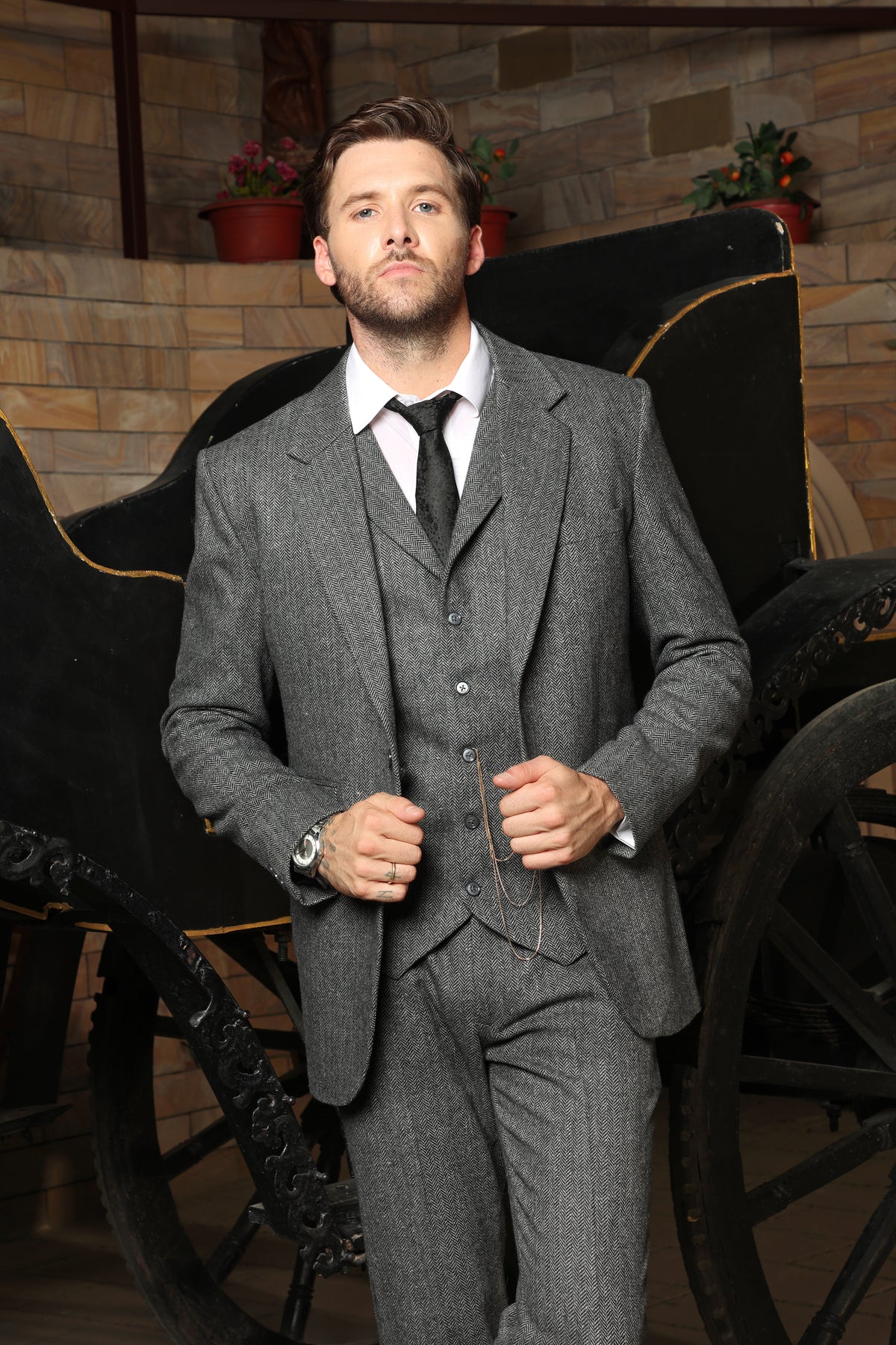 Stroud Grey Herringbone Tweed Wool 3PC Suit