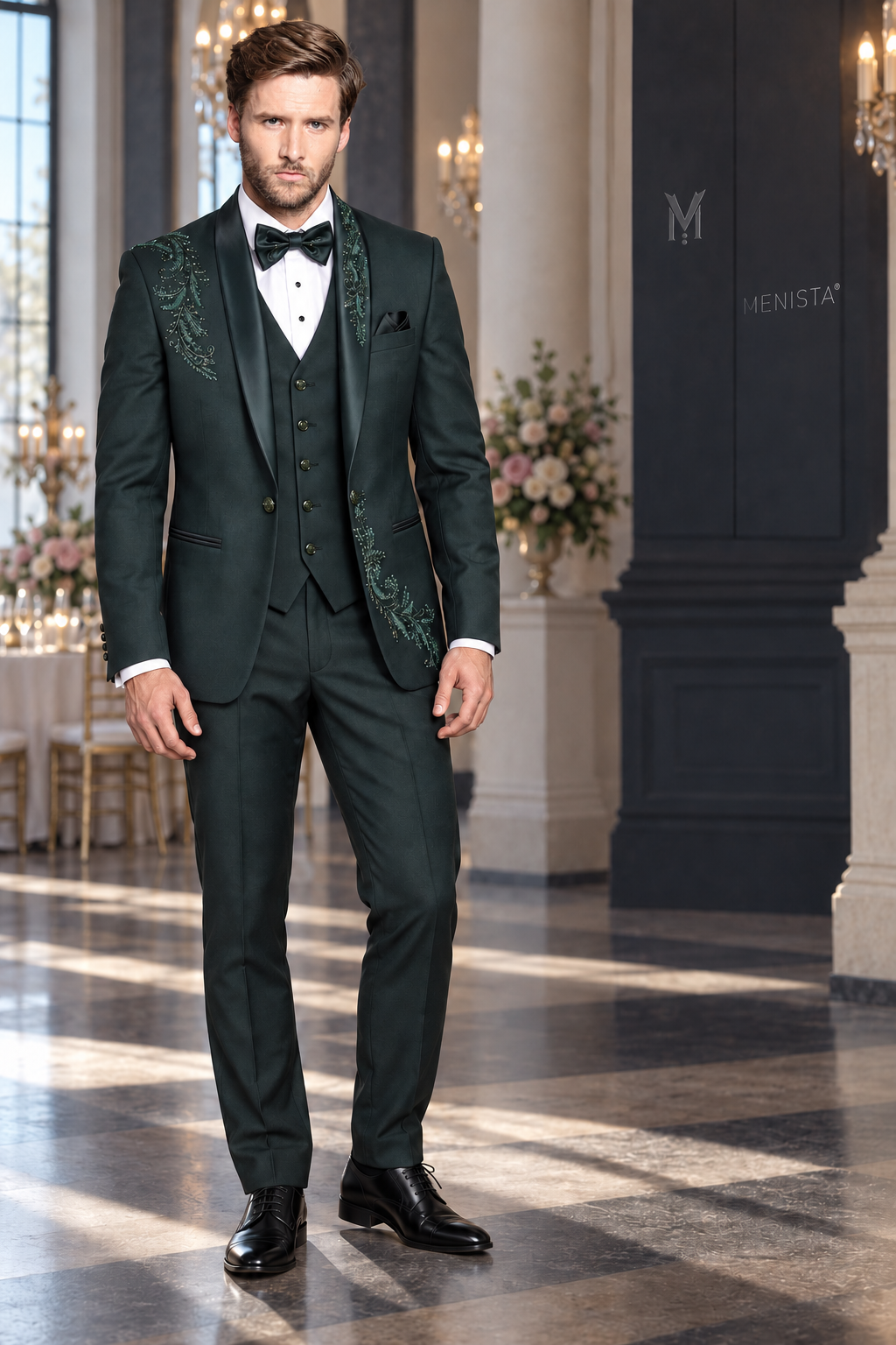 Jack wearing Everett forest green botanical paisley embroidered three-piece tuxedo, front view with plain five-button waistcoat.