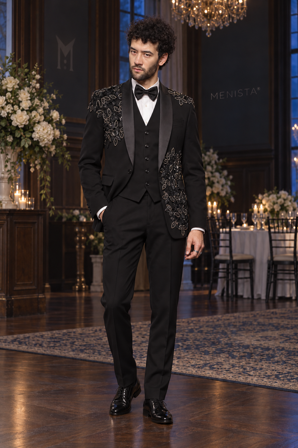 Michael wearing Ronan Black Leaf Beaded 3PC Tuxedo, full front view with a simple five-button waistcoat.