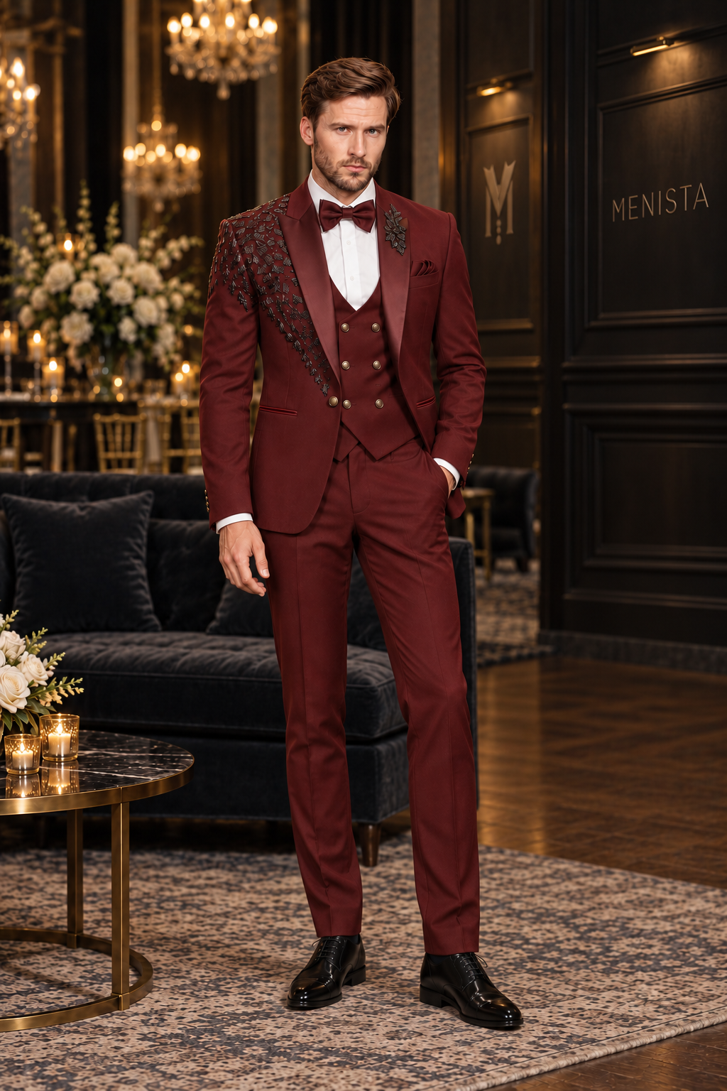 Jack wearing the Valen burgundy three-piece tuxedo with dark beaded leaf embroidery and satin shawl lapels, full front view