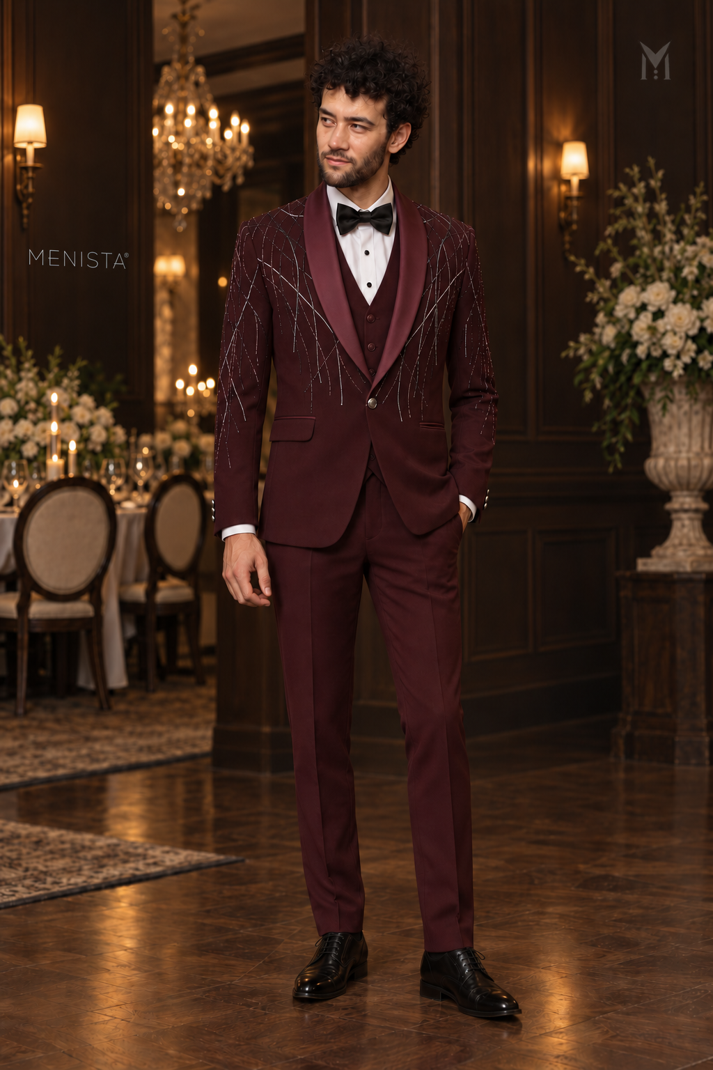 Michael wearing Vesper burgundy geometric embroidered three-piece tuxedo, full front view