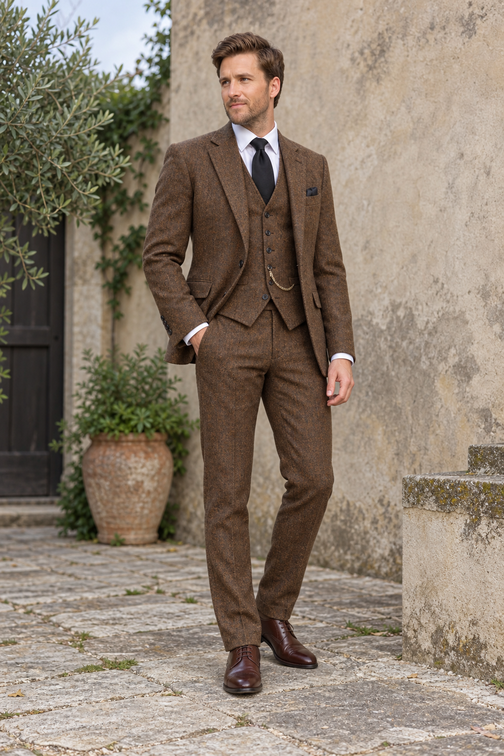 Barron Brown Tweed Wool 3PC Suit