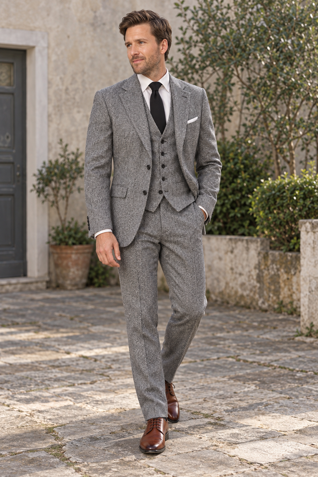 Ashford Grey Herringbone Tweed Wool 3PC Suit