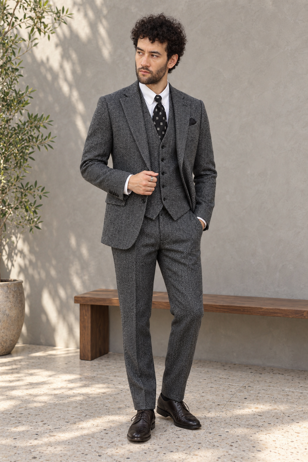 Whitlock Grey Herringbone Tweed Wool 3PC Suit