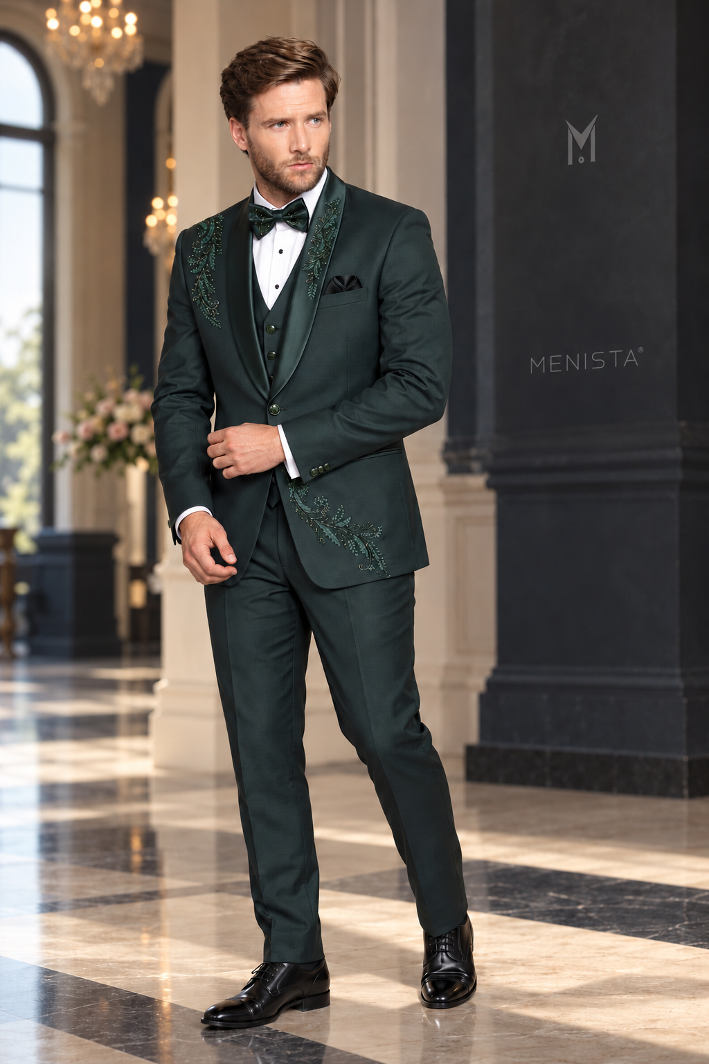 Three-quarter view of Everett green one-button tuxedo with satin shawl lapels and botanical paisley embroidery.