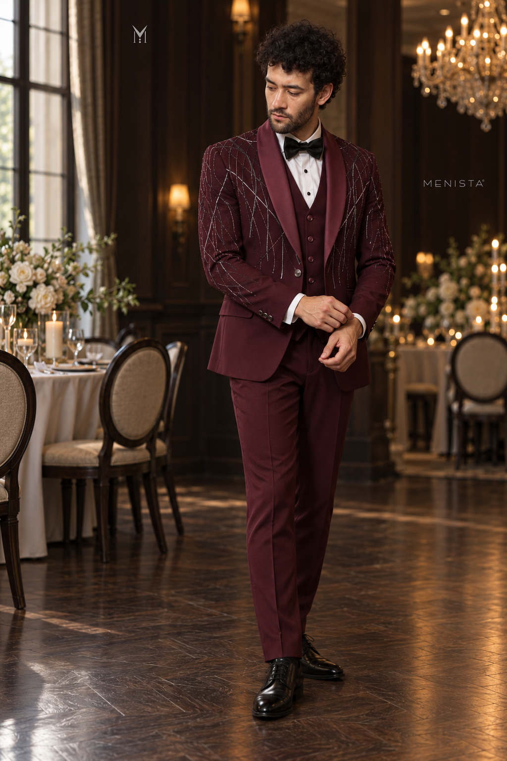Three-quarter view of Vesper burgundy tuxedo with satin shawl lapels