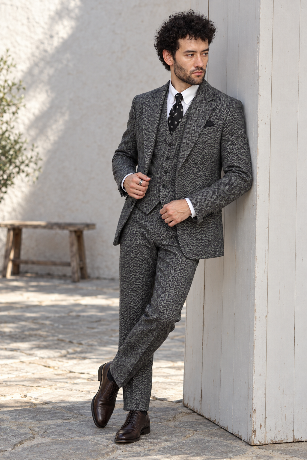 Whitlock Grey Herringbone Tweed Wool 3PC Suit