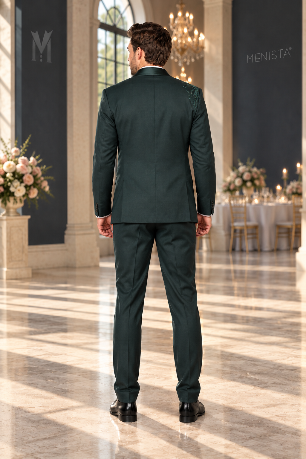 Full back view of Everett green tuxedo and matching plain trousers.