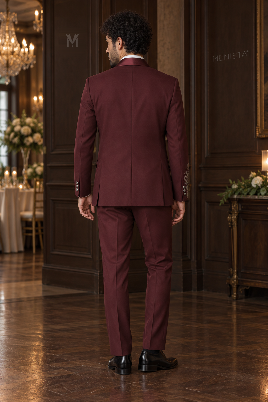 Full back view of Leonis burgundy tuxedo with double side vents