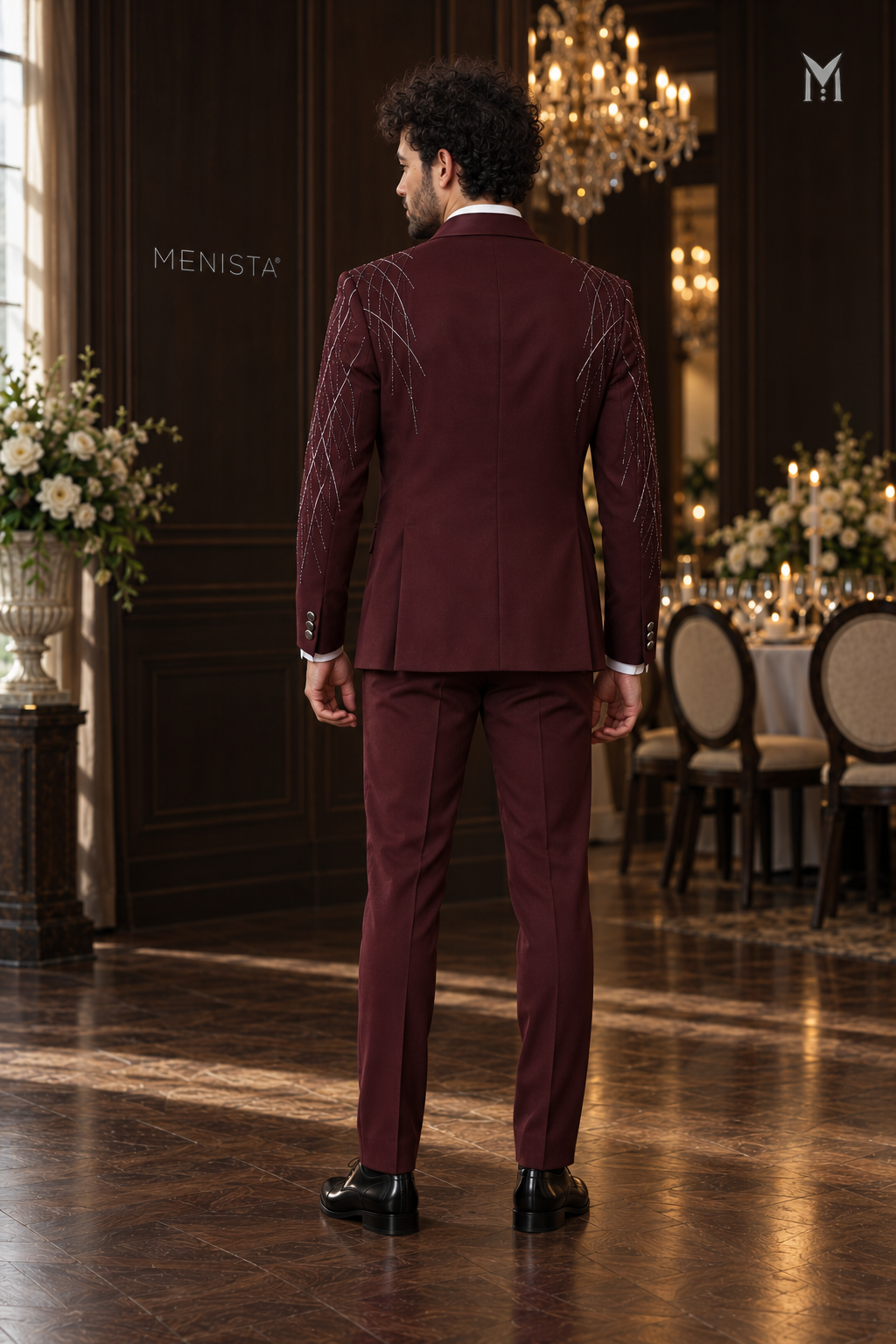Full-length back view of Vesper burgundy tuxedo with double side vents