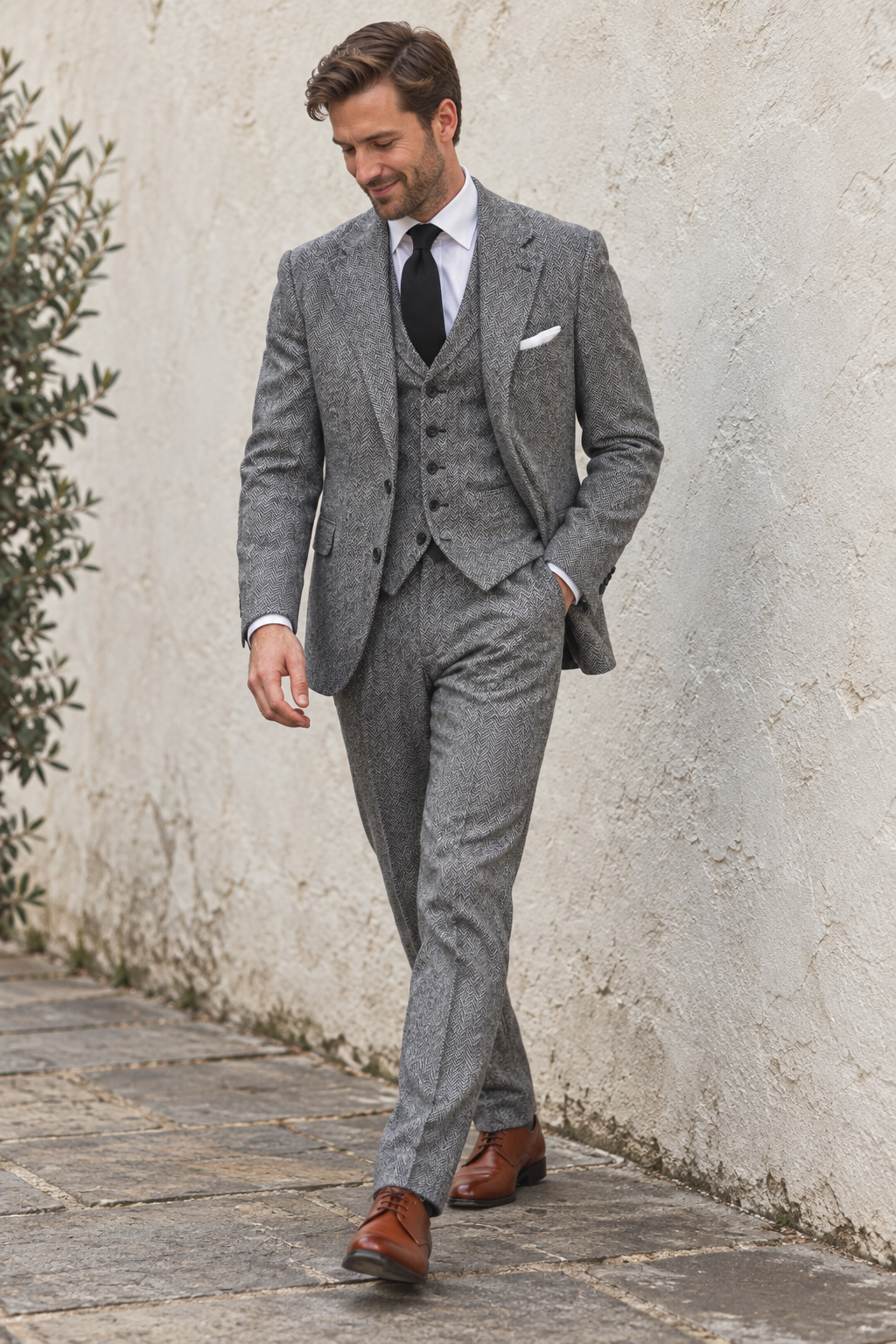 Ashford Grey Herringbone Tweed Wool 3PC Suit