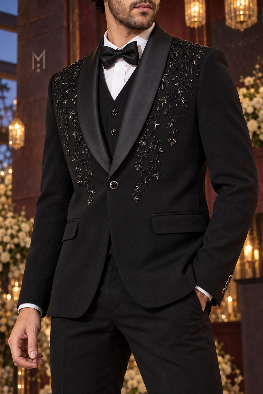 Close-up of Cyran Black Botanical Beaded 3PC Tuxedo showing botanical beadwork, satin shawl lapels and single jacket button.