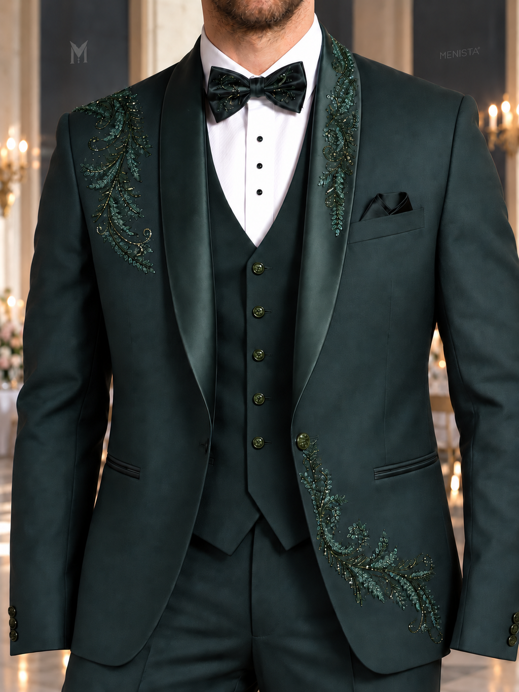 Close-up of Everett tonal green botanical paisley embroidery, satin shawl lapels and plain five-button waistcoat.
