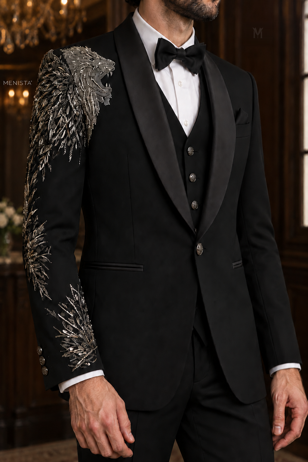 Close-up of Leonis silver-tone lion embroidery, black satin shawl lapels and single button