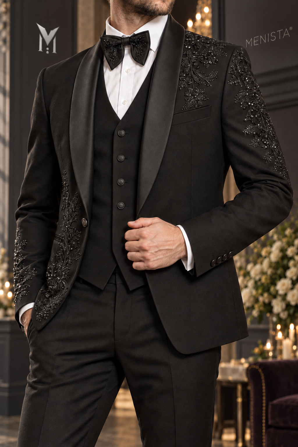 Close-up of Lucien tonal floral embroidery, black satin shawl lapels, single jacket button and simple waistcoat.