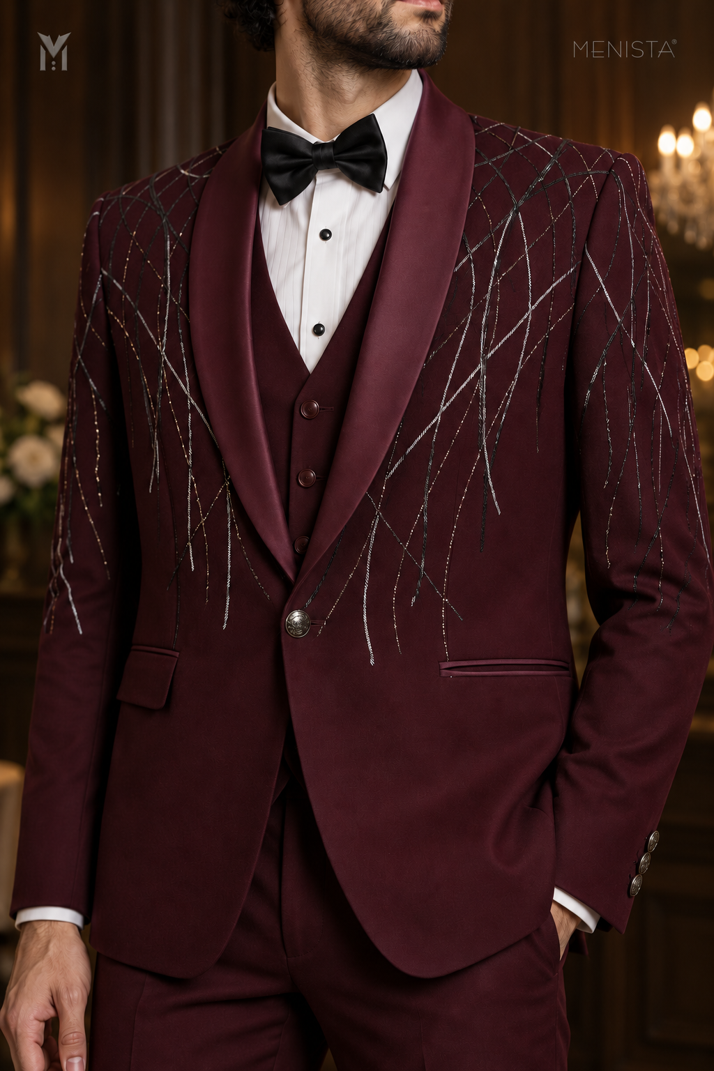 Close-up of Vesper geometric embroidery, burgundy satin shawl lapels and silver-tone button