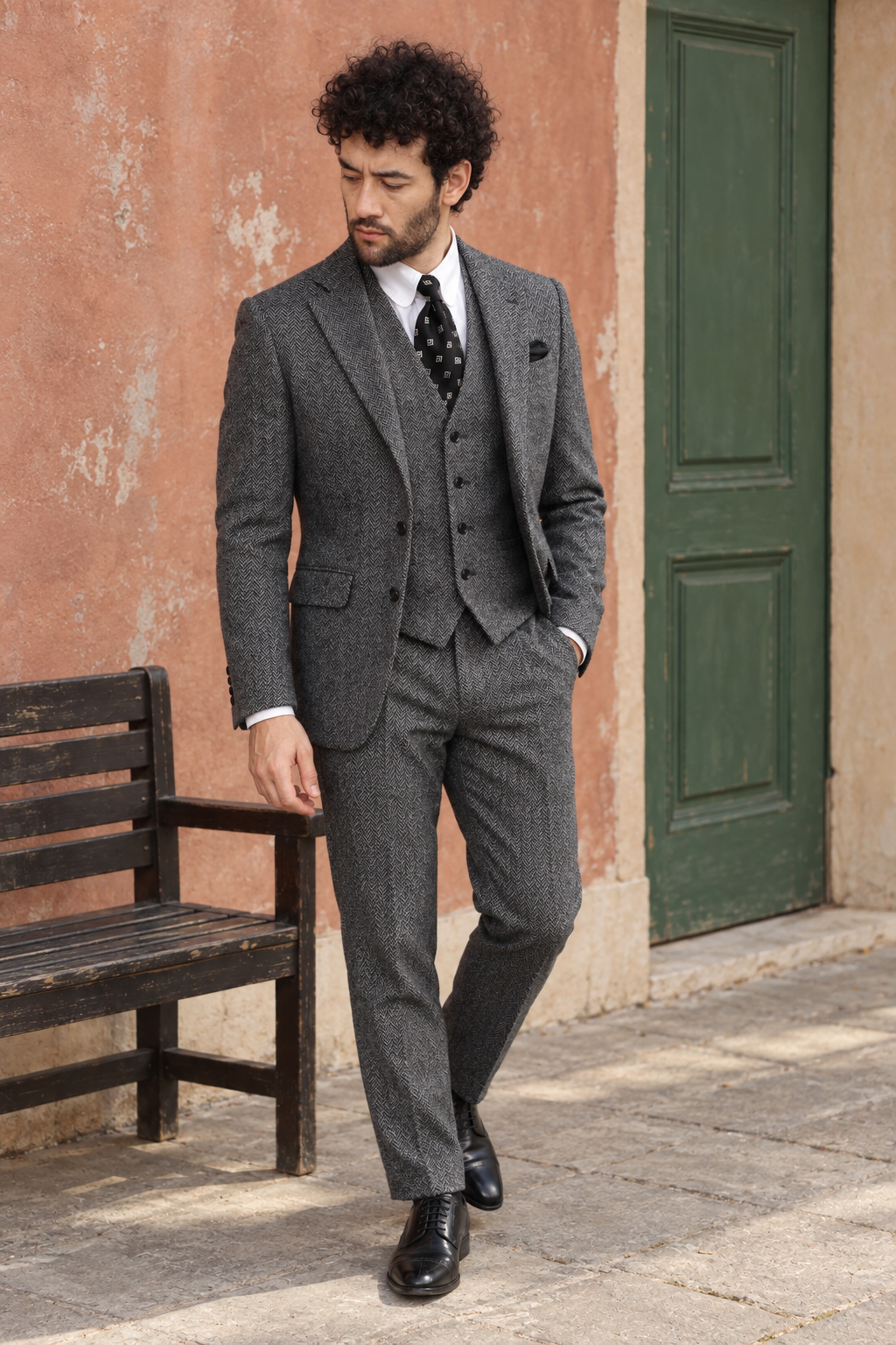 Whitlock Grey Herringbone Tweed Wool 3PC Suit
