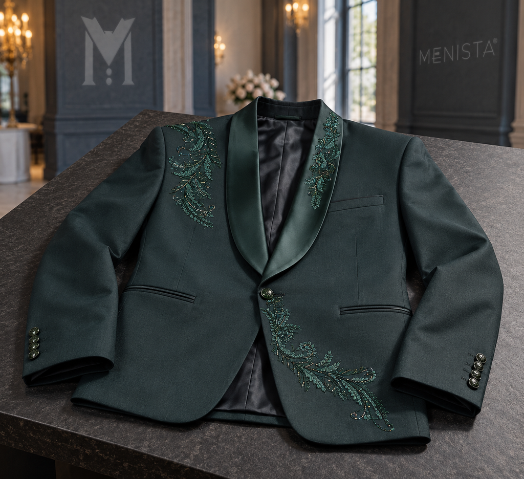 Everett green embroidered jacket on a broad flat slate table, showing its single button and jetted pockets.