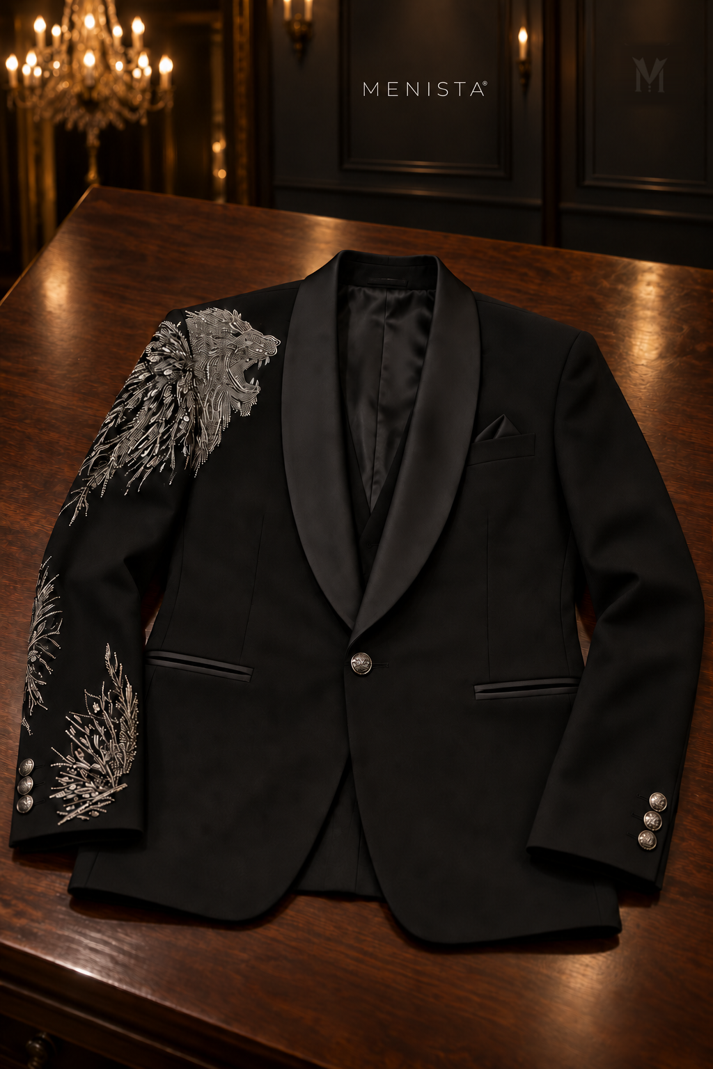 Leonis one-button black lion embroidered jacket laid flat on a wooden table