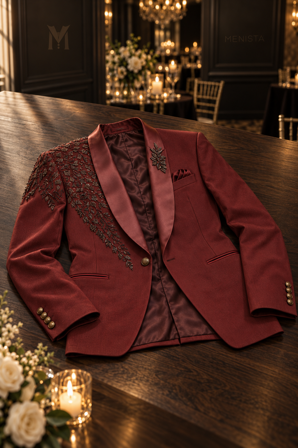 Valen burgundy leaf embroidered tuxedo jacket laid flat on a tabletop with satin lapels and bronze-tone buttons