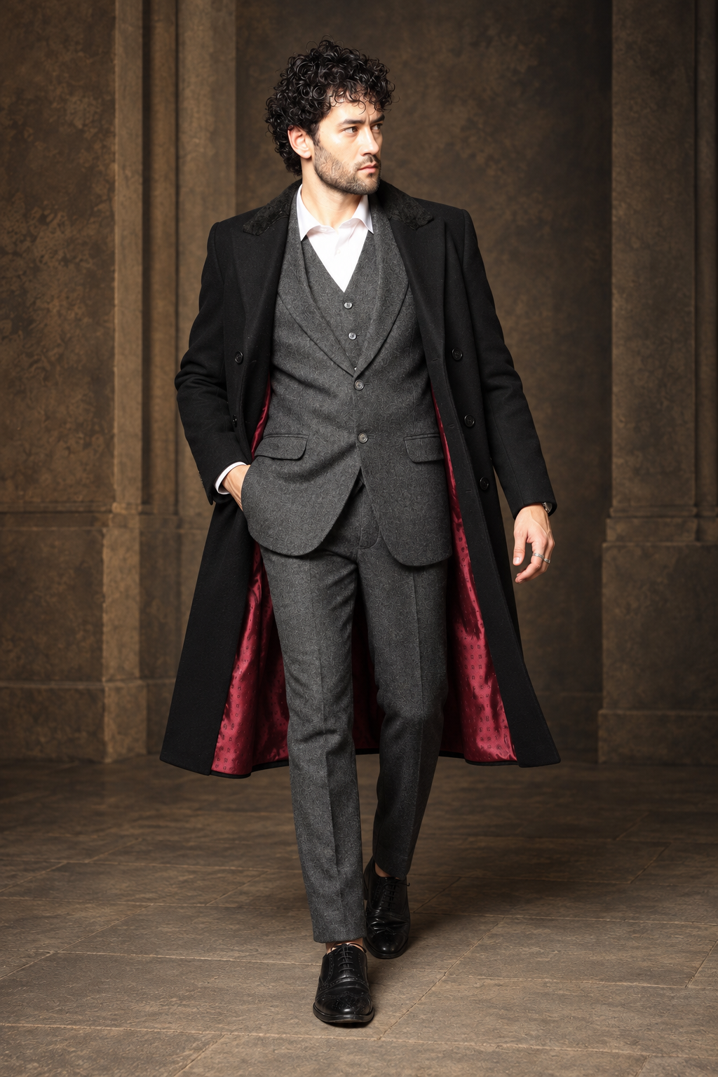Hartwell Black Fur-Collar Long Coat