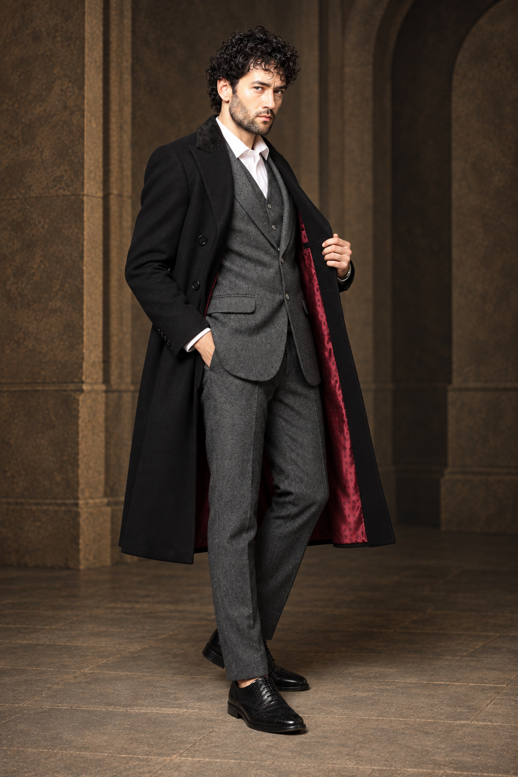 Hartwell Black Fur-Collar Long Coat