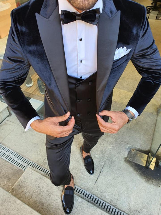 Menista Custom Slim Fit Premium Three-Piece Black Velvet Tuxedo for Men | Perfect for Weddings, Engagements, Proms, Grooms, and Groomsmen