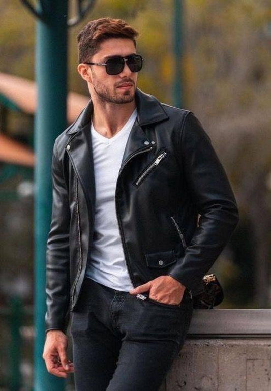 Menista Custom Tailored Slim Fit Black Lambskin Motorcycle Biker Jacket for Men | Vintage Style Leather Jacket | Perfect Gift for Him