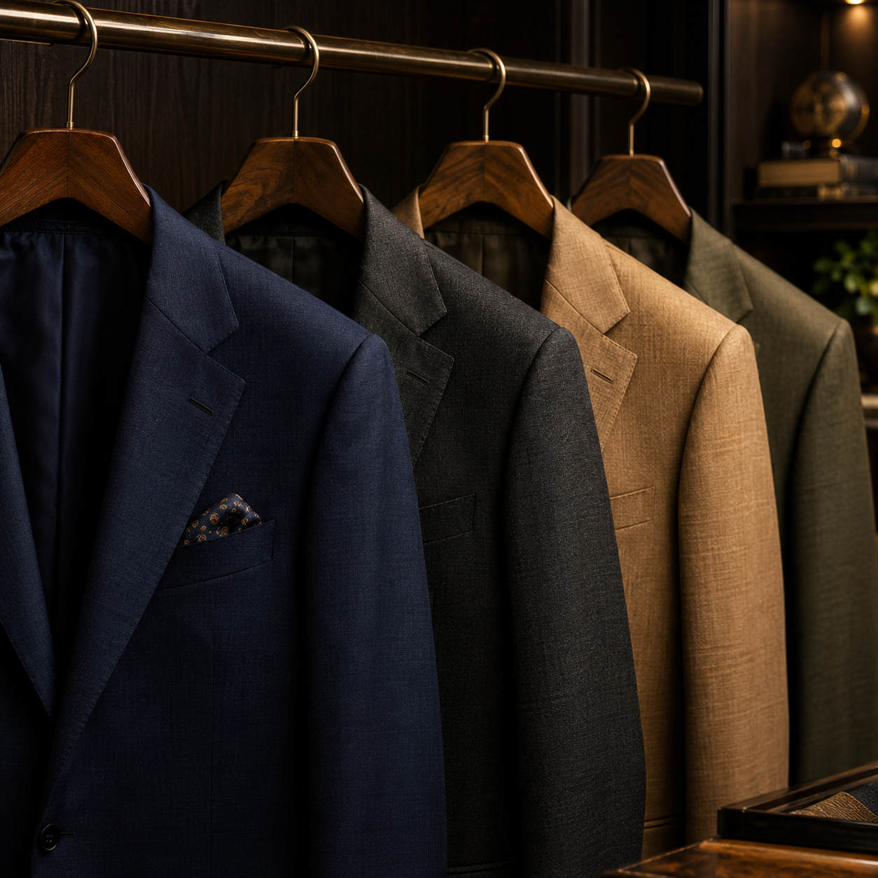 A row of tailored suits on wooden hangers