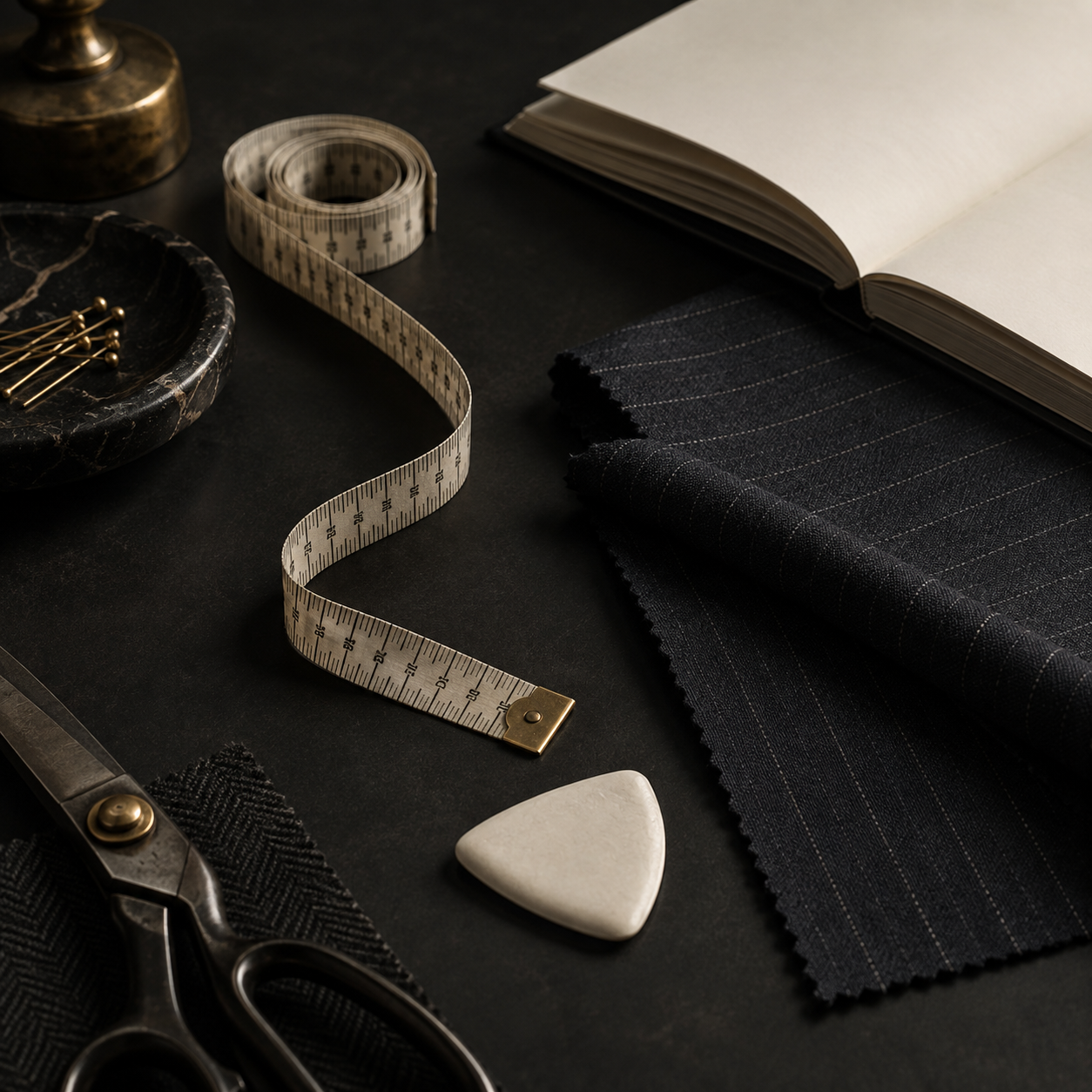 A tailor's measuring tape, notebook and pen
