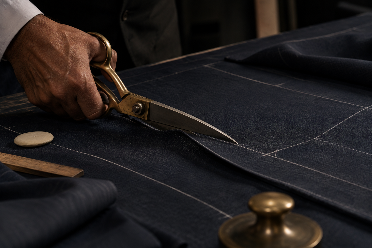 A tailor cutting navy suiting fabric with brass shears