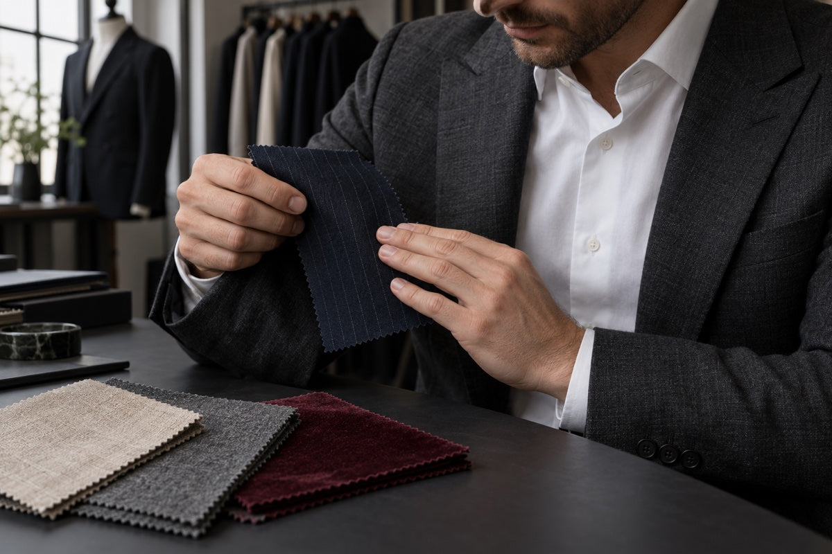 A customer feeling a pinstripe fabric swatch